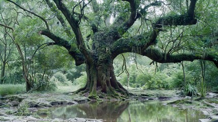   A massive tree stands alone amidst a dense forest, with a serene body of water nearby adorned with boulders on the ground