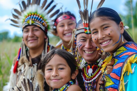 Indigenous people day. Iroquois Nation family portrait, smiling on sunny day on native land.