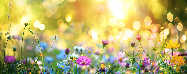 Vibrant wildflowers bloom in a sunny meadow, creating a cheerful springtime vista