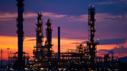 Obraz premium An oil refinery with its silhouette stark against the fading light, showcasing the industrial might and power of energy production.