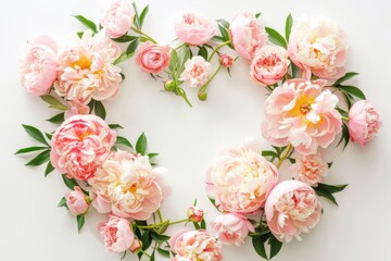 pastel pink peach fuzz peonies flowers heart shape frame on white background copy space center