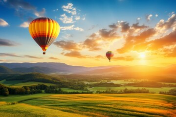 Naklejka premium Giant hot air balloons soar over mountains and meadows during a beautiful sunset