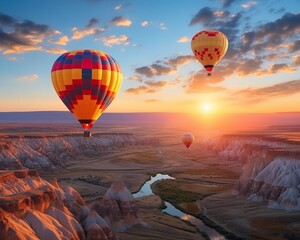 Obraz premium Majestic hot air balloons drift over mountains and meadows in the enchanting glow of a warm sunset