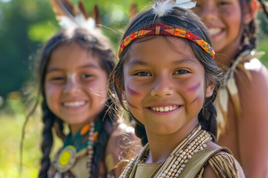 Indigenous people day. Wampanoag Nation family portrait, smiling on sunny day on native land.