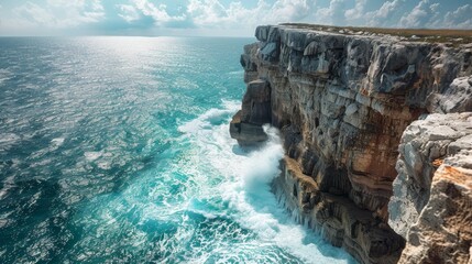 A majestic cliff overlooking a turquoise sea with crashing waves, summer vacation. - Powered by Adobe