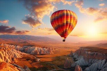 Obraz premium Majestic hot air balloons drift over mountains and meadows in the enchanting sunset