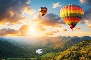 Obraz premium Majestic hot air balloons drift above mountains and vast meadows under a beautiful sunset