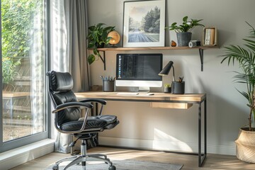 Stylish Minimalist Home Office with Desk, Chair, and Wall Shelf, Adorned with Artwork and Potted Plant