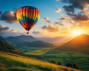 Fototapeta premium Magnificent sunset scene with huge air balloons floating over mountains and verdant meadows