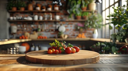 Fototapeta premium Fresh tomatoes and herbs on a wooden cutting board in a cozy kitchen setting with natural light and vibrant plants.
