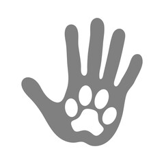 Take care of animals. Animal friendly symbol.  Animal paw print on handprint human. Isolated symbol on white background. Vector illustration