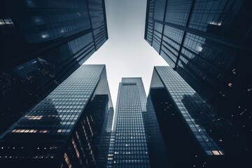Tall modern glass skyscrapers in cold blue tones, viewed from bottom perspective