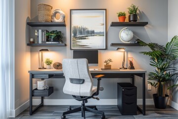 Sleek Minimalist Home Office: Desk, Chair, Shelf, Artwork & Plant