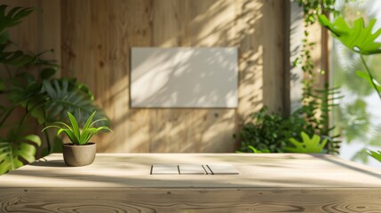 Minimalist EcoFriendly Office Sustainable Desk with Blank Business Cards in Natural Light