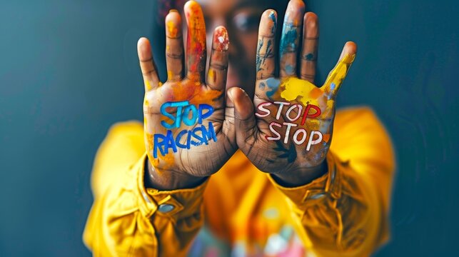 Close-up of person raising hands with STOP written. Bright colors highlight anti-racism message. Conceptual style promoting awareness and change. Suitable for social causes and campaigns. AI