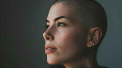 Close-up portrait of a young woman with short hair and a nose ring. She is looking away from the camera with a pensive expression. - Powered by Adobe
