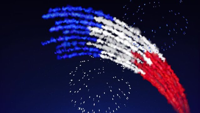 Animated holiday france banner template. Fireworks french flag on dark sky background. French national holiday. Fireworks france flag. Template with place for text, copy space. Animated greeting card