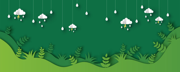 Paper art of Green grass lawn and Rainy hanging down. Rainforest. Rainy Season. paper cut and craft style. vector, illustration.