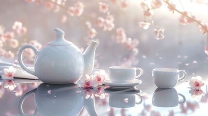 Fototapeta premium Blossoming Serenity White Ceramic Teapot and Cups Reflecting Spring's Beauty