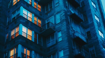 Obraz premium modern corner apartment complex with blue accents , luxury corner apartments with blue balcony