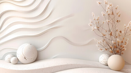Elegant beige and white abstract background with wavy patterns, decorative spheres, and delicate dried flowers in a minimalist setting.