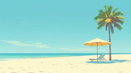 Minimalist Beach Scene with Palm Tree and Umbrella