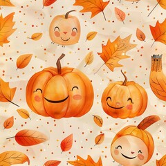 watercolor illustration of pumpkins with faces, autumn leaves