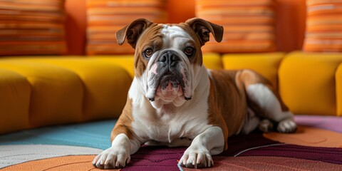 Bulldog lying on a chic rug in an artdeco styled room, elegant and relaxed, Art Deco, Rich colors, Photography