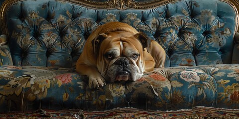 Bulldog lying on a chic rug in an artdeco styled room, elegant and relaxed, Art Deco, Rich colors, Photography