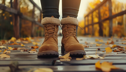 A woman wearing brown boots with fur lining stands on a wooden bridge - Powered by Adobe