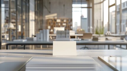 Innovative Architectural Workspace Blank Business Cards on Minimalist Desks in Modern Glass Office Design and Creativity Concept