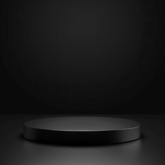 Elegant black circular pedestal on a dark background, perfect for product display and presentations.