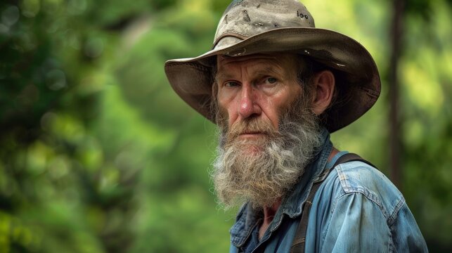 Close up Thoughtful Senior Male Farmer with Straw Hat Looking Into the Distance at the Farm. moonshiner portrait