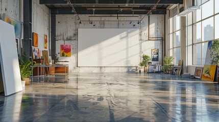 Vibrant Art Studio Blank Business Cards Large Canvases Abstract Paintings and Artists Creating in Brightly Lit Space