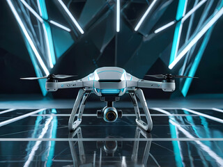 Naklejka premium Technology of the Future: A state-of-the-art drone, ready for takeoff in neon light