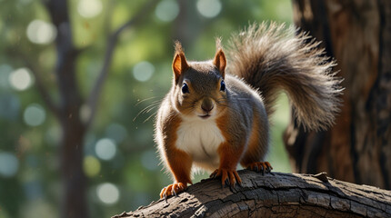 Watercolor painting: A playful squirrel scampering up a tree trunk, its bushy tail flicking as it leaps from branch to branch in search of food,