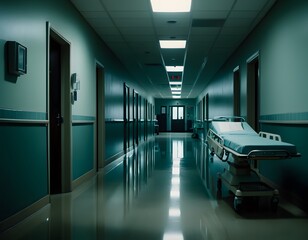 Fototapeta premium A dark and eerie hospital corridor with dim lighting, reflective floors, and a medical gurney, creating a haunting atmosphere.
