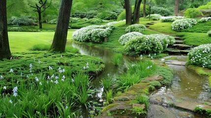   Stream running through lush green forest, trees, and flowers beside grass-covered hillside