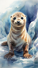 Watercolor painting: A seal pup exploring its icy surroundings, its natural curiosity and playfulness shining through its every movement,