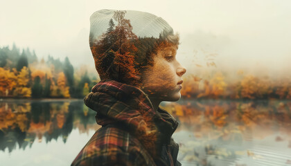 A young girl is standing in front of a lake wearing a plaid jacket and a hat