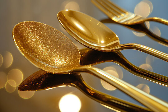 gold spoon and fork,A set of elegant gold flatware, featuring a spoon and fork, arranged beautifully on a polished surface
