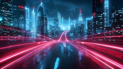 Obraz premium 3d rendering cityscape with red and light blue light trail on road. Concept city, downtown district, town at night with bright neon light.