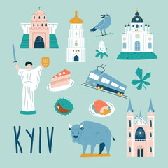 Kyiv hand drawn poster, decoration with famous symbols and landmarks