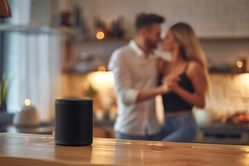 Young couple in love dancing in the kitchen, blurred focus