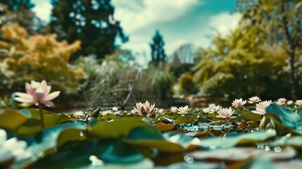 Fototapeta premium A lush green pond, dotted with water lilies floating above a dense forest of verdant leaves