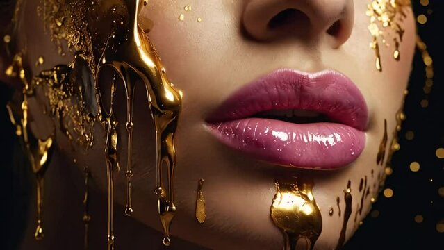 Beautiful girl, lips, gold paint flows down