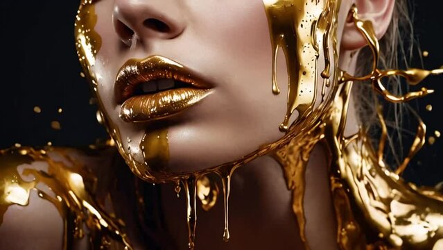 Beautiful girl, lips, gold paint flows down