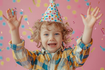 Happy little boy in Birthday hat on pink background