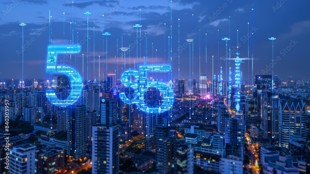 Poster 5g network wireless systems and internet of things with modern city skyline