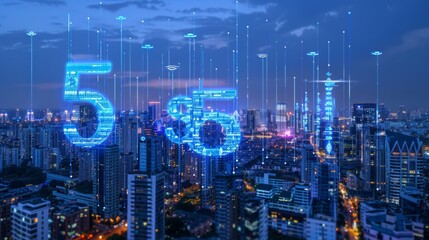 Obraz premium 5G network wireless systems and internet of things with modern city skyline